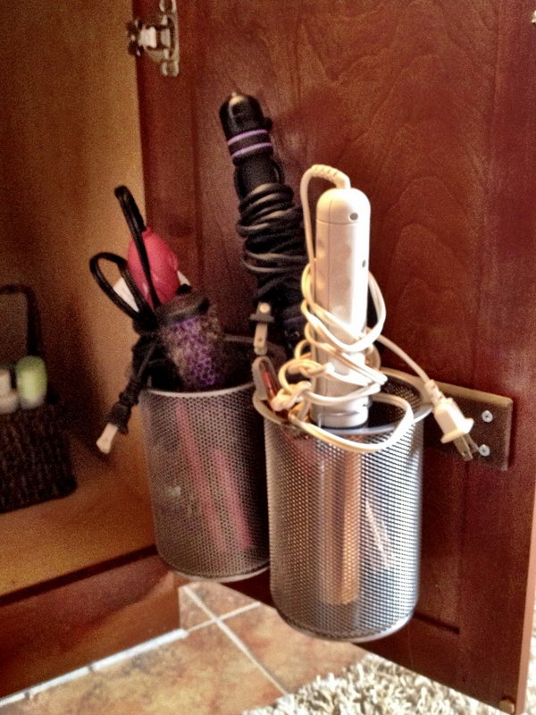 Office Pencil Holders for Heating Appliances. Install these large pencil cups on the inside of cabinet door. It makes great storage for curling irons. 