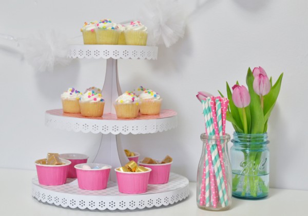 Mod Podged Cake Stand. Combine scrapbook paper with a basic cupcake stand to create this festive serving piece. Add some color and style to your Spring and Summer entertaining. 