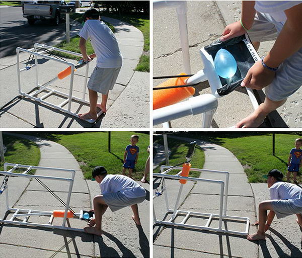 PVC Water Balloon Catapult. Put a balloon in, pull the arm down as far as possible, let it fly. Kids would have fun with this project. 