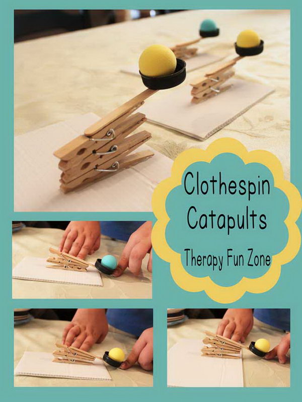 Clothespin Catapult. To make this catapult maybe involves some complex process like placing pegs in holes and putting the pieces together. It would be a great activity for older kids to make according to the directions here.