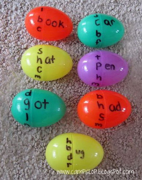 Word Family Easter Eggs. If your kids have trouble memorizing the words, this would be a funny and helpful Easter activity to learn words. Make a few family eggs with different words. You can make the correct word by spinning the each half of the Easter eggs. 