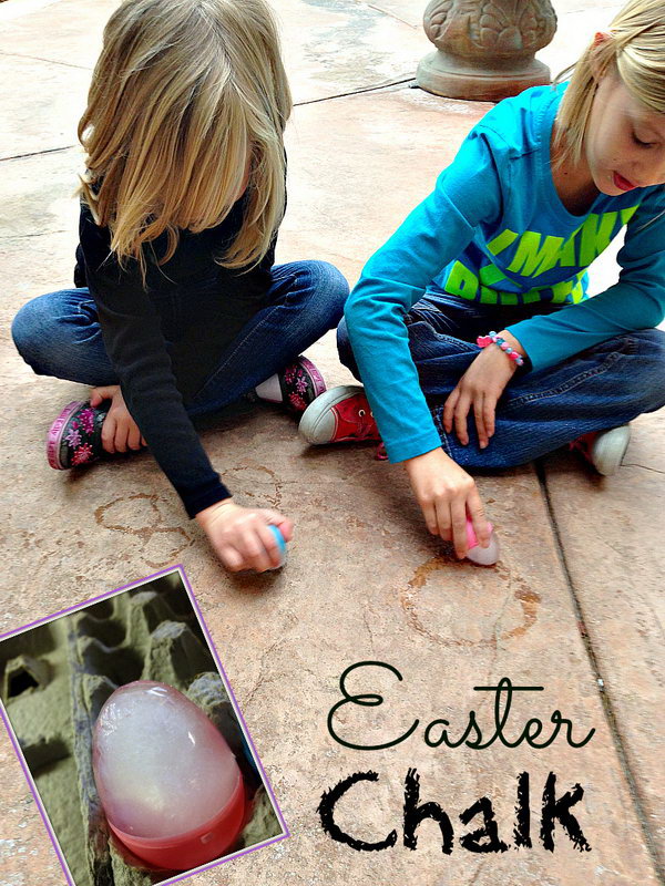 Easter Chalk. Fill the Easter egg with water by taking apart into two sections and close it to trap the water inside. Take the egg out with the hole facing up to prevent the water from leaking and put it in an egg carton. Freeze it overnight. You can write down whatever you like.