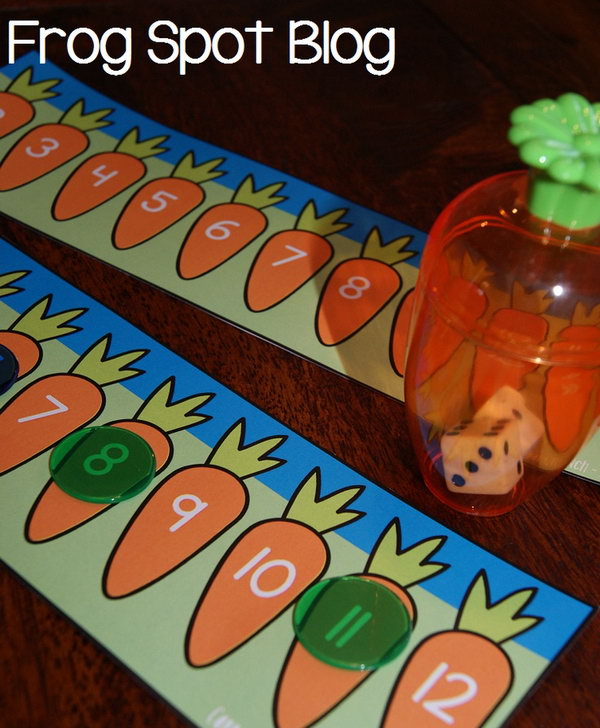 Carrot Crunch Easter Activity.Use mini carrot containers to pop two dices inside, shake it and see the numbers they display. Add 2 dice numbers to point out the correct carrot with the same number.