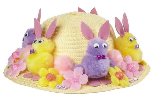 Bunny Parade Bonnet. Create the bunny body by sticking pom-poms of two different sizes, glue the eyes ,the bow and the ears from the pink sheets of foam. Decorate all the bunnies, flower embellishments on the plain hat.