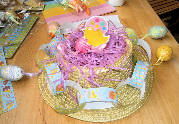 Nest Styled Easter Hat. It looks like a nest at the top of the hat by sticking down a handful of the shredded purple to the top. Then fasten the paper chain around the edge of the bonnet and tie ribbons to fasten the hanging colorful eggs.