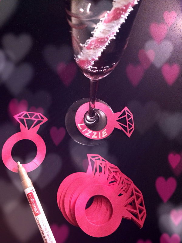 Diamond Ring Drink Markers for Engagement Party. These adorable drink markers for champagne or wine glasses are fantastic to highlight the theme of your party. It can distinguish your glass from others by writing down your name on it.