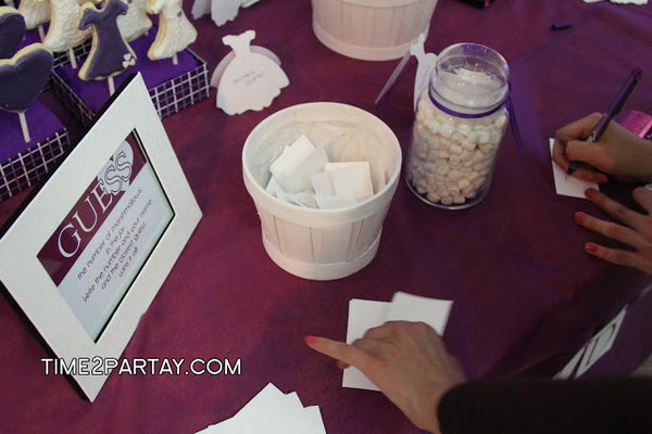 The Marshmallow Game. How many marshmallows do your think are in the jar? Estimate the number and write it down on the note. The one who guess the closest to the correct number can take this jar away. In order to reduce the difficulty, you can give some clues.