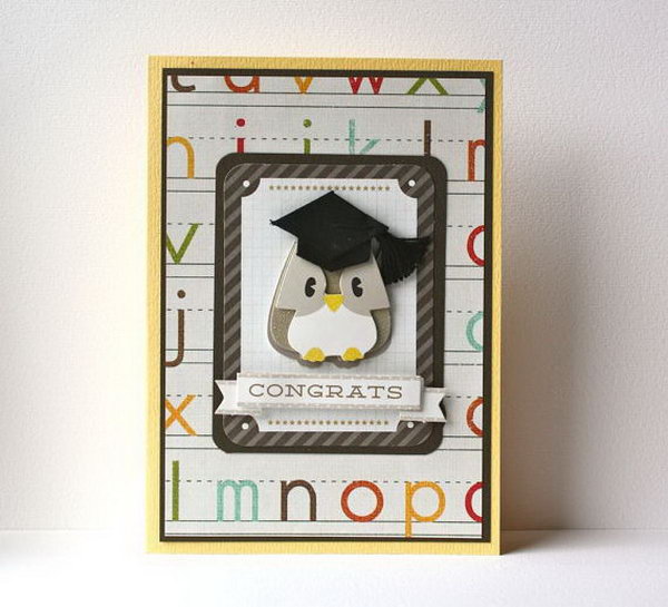 Cute Owl Graduation Card. Congratulate to the graduate's achievement with this lovely graduation card. It features an adorable owl made of colorful cardstocks. The graduate must love the cardboard in colorful letters pattern too.