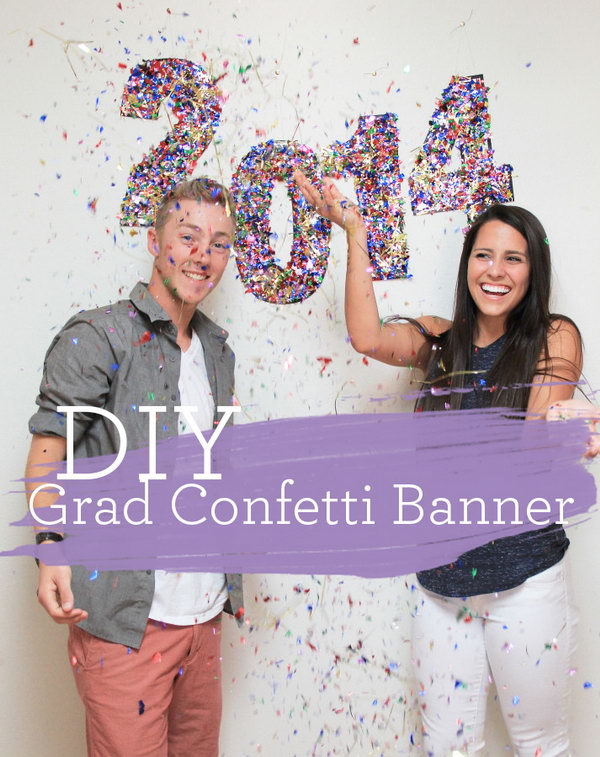 Graduation Confetti Banner. Use the foam brush to apply mod podge to  numbers and sprinkle on the confetti. Hang in the background for party decorations to create a stunning festive visual effect.