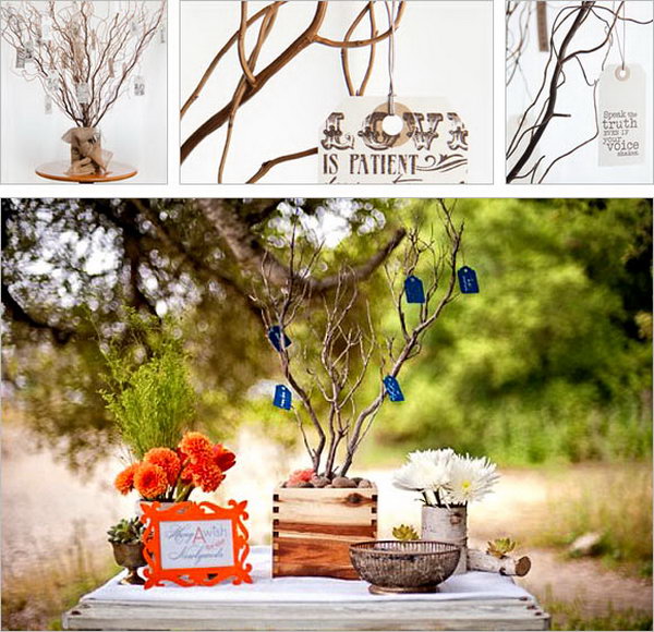 Wishing Tree Guestbook. Create a stunning focal point by hanging sweet messages written by guests on the beautiful wishing tree. This creation idea is inspired by a Dutch tradition.