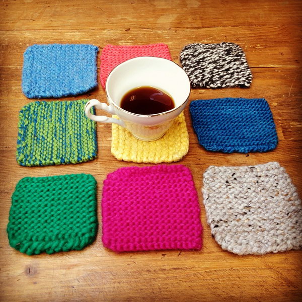 Knitted coasters. Turn extra fibers into colorful coasters, which would make a great gift for anyone on your list. It's a great way to use up extra yarn while preventing coffee from making a mess on table.