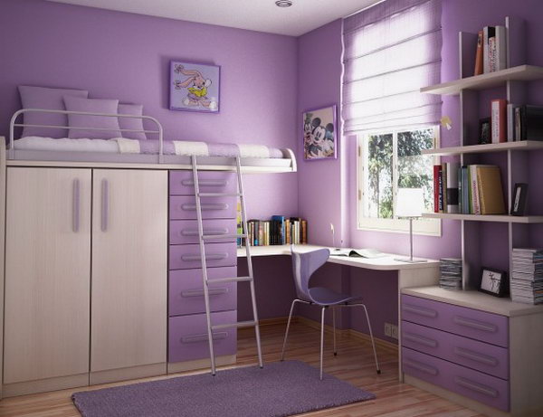 Lilac bedroom. You absolutely adore all the storage space in this room. It's perfect for a lover of purple color and a kid who likes things clean.