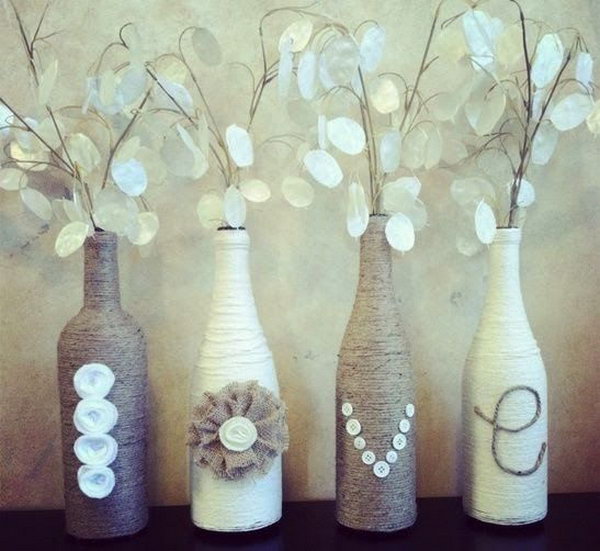 Wine bottle vase. The vase made of old wine bottles looks so wonderful. It's easy to make and stylish.