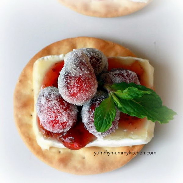 Sparkling Cranberry Brie Bites. Roll cranberries around until lightly coated in sugar, place them on a baking sheet until dry. Assemble crackers with a slice of brie, a layer of cranberry chutney, and some cranberries. Add some mint sprigs for decoration. This sweet style suits an engagement party perfectly. 