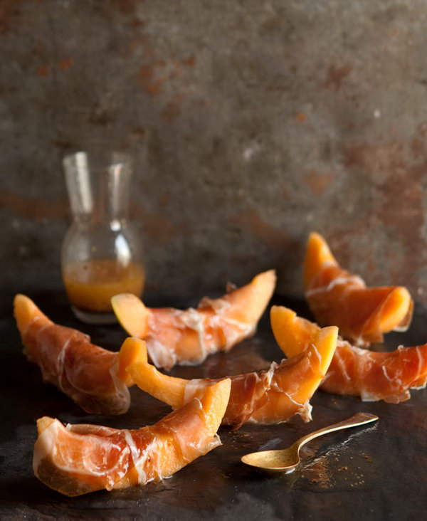 Prosciutto Wrapped Melon. Cut the melon into wedges, wrap a slice of prosciutto around and drizzle with the vinaigrette. You'll get this prosciutto wrapped melon with a honey mustard vinaigrette to follow the summer party food trend and enjoy the mouthwatering  flavor.