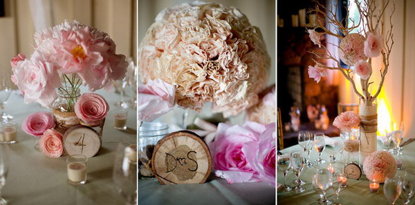 Initial or Number Firewood. Display initials or numbers carved firewood pieces around flower vases for a playful and rustic look to garnish your wedding party and set up the tone.