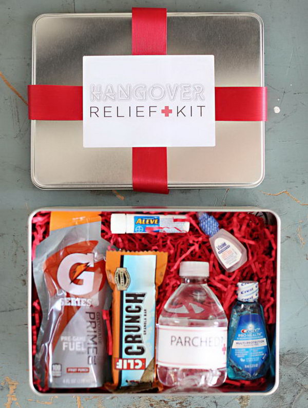 Hangover Kit. It’s easy to drink too much for the great celebration. Help your guests with this hangover kit with a package of a drink pouch, snack bar, mini water bottle, travel size mouth wash and eye drops, mints and pain reliever.