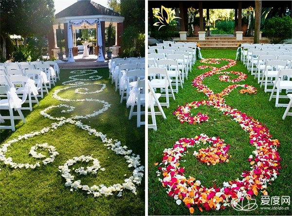 Rose Petal Aisle. It’s so romantic for the sweet couple to walk through a rose petal aisle. Cover the lawn with rose petals in a sweet heart shape.