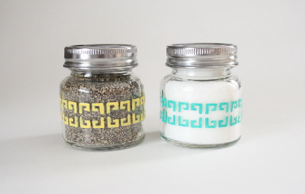 Salt Pepper Shakers. Use nifty little jars, get a nifty package of paints and stencils from folk art enamels for this spring themed colors and beautiful decor.