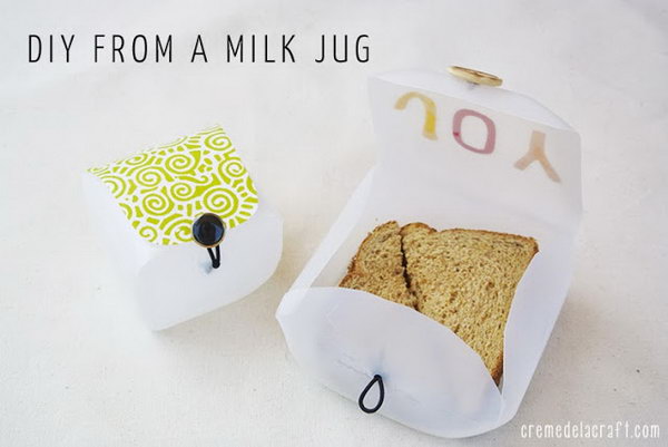 Milk Jug Sandwich Protector. Cut along the lines of the milk to take the form of a container, sew on a button on the top lid to create a button loop closure. It is food-safe, and can save your costs as well.