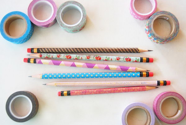 Washi Tape Pencils. Cut a strip of washi tape the same length as your pencil, stick to it and cover it completely. You'll get this beautiful pencil with elegant pattern.