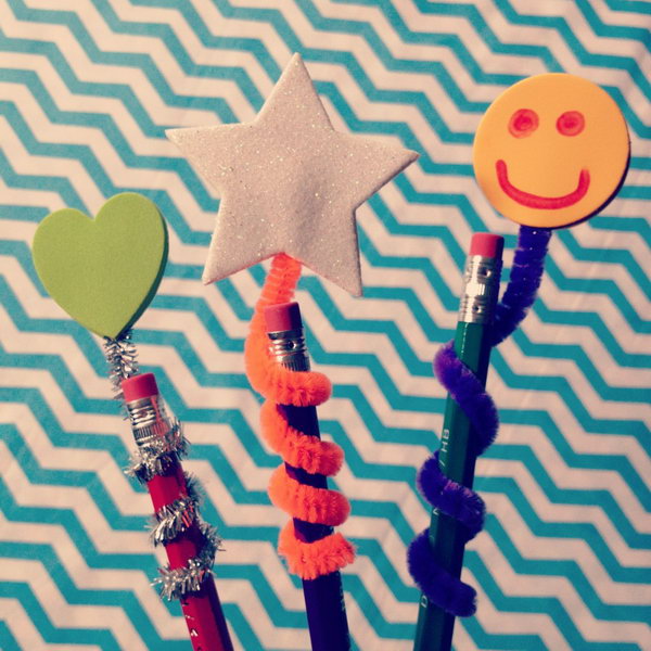 Pipe Cleaner Pencil Toppers. Attach two stickers on the pipe cleaner, line up pipe cleaner with a pencil. It's so simple to spice up a plain pencil and send the kids back to class in style.