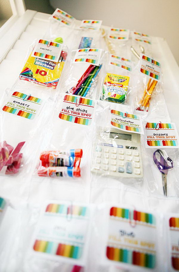 School Supply Organizer. Create this helpful art of work by trimming the cardstock, folding the excess part over the organizer sleeve and attaching paperclips to it. It's super chic to keep school essentials organized in this smart way.