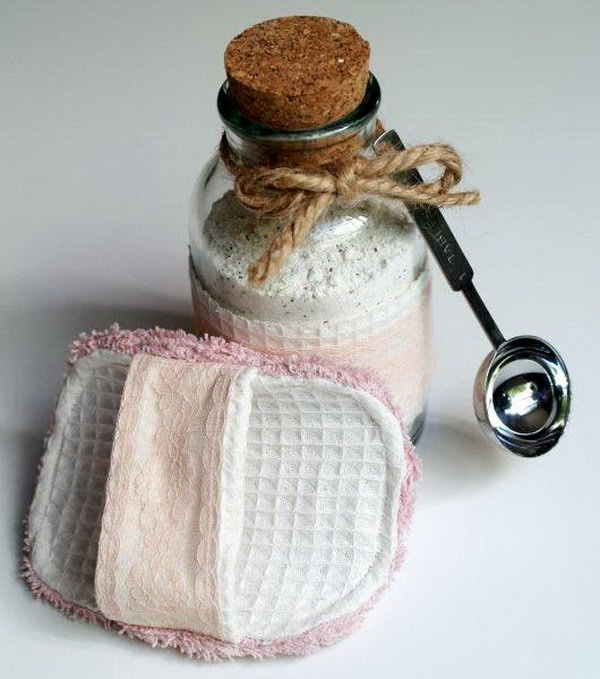 Spa Scrubbie and Tropical Bath Tea Soak.  Pin lace strap, cotton piece and ruffles to create this spa scrubbie, add the bag with the grinded ingredient, put the bath tea into the jar to finish off the wonderful set for spa. It will bring your comfort with little money.