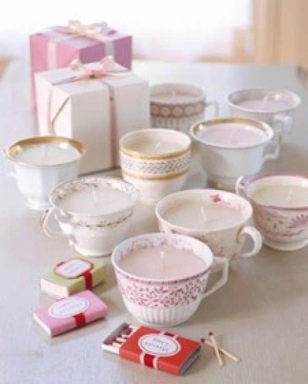 Teacup Lights. Dip wicking and sustainer into melted was to coat, pour in the wax below the cup's rim. You'll prepare this elegant gift well in a cheap way.