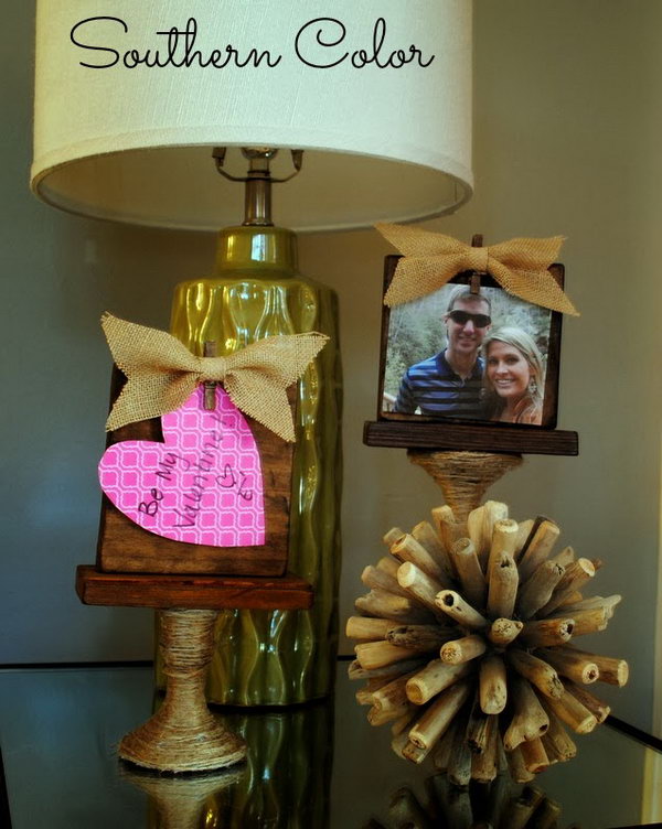 DIY Picture Frames and Message Board. What you need to create this picture frame or message board is a dollar store candlestick and a pack of dollar store twine. This project maybe needs more work, but the ends turns out to be so great. Check the tutorial here.