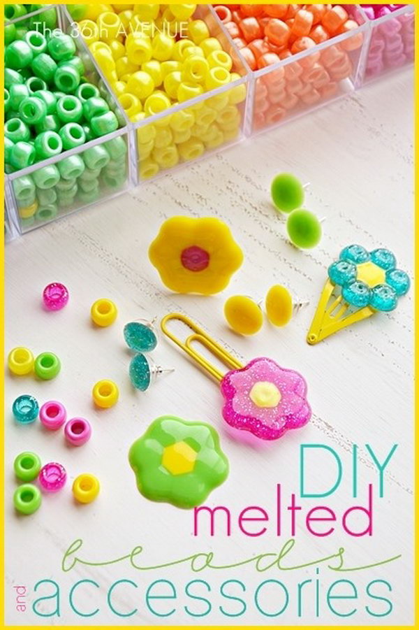 Melted Beads Accessories. These beads are so cheap in the dollar store. You can make a ton of jewelry, bookmarks, hair clips, and even magnets with them in spring colors as cutest party decor or handmade gifts to your lovely daughters. 