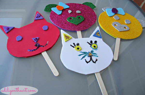 DIY Foam Sheet Puppets. Use glittery and non glittery foam sheets in various colors at the dollar store to create these adorable animal puppets for your little ones. Here is the instruction. 