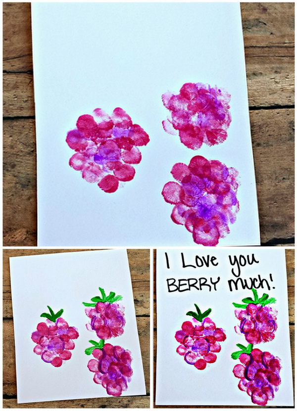 I love you berry much Fingerprint Card. How cute the card is. The children just have to use their fingerprints to make these adorable raspberries! See the tutorial here.