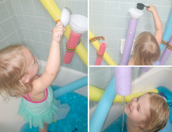 Game with Noodle Wall. There are sorts of fun with pool noodles. This water wall is no exception. Kids are so hanppy to get wet in the water, especially during the summertime. See more here.