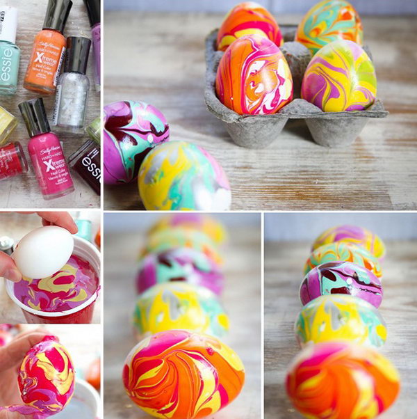  DIY Easter Marble Egg using Nail Polish. This is a super easy and fun idea for Easter eggs design.  Decorating the eggs with colorful nail polish to create the unique marbled effect. 