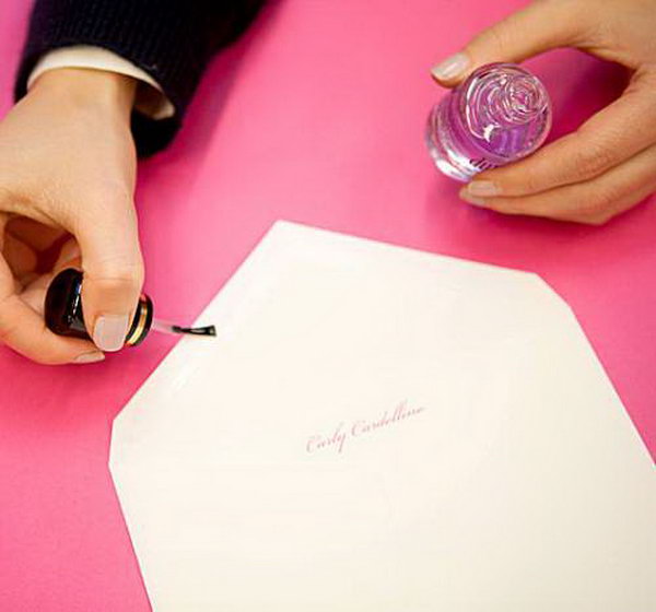 Nail Polish used to Seal Envelope. Next time ,you don’t need  saliva tor glue to seal an envelope , you just need clear nail polish. It’s a very handy trick especially when you don’t have glue with you or for big envelopes that are going long distances. You don’t have to worry about them popping open. 