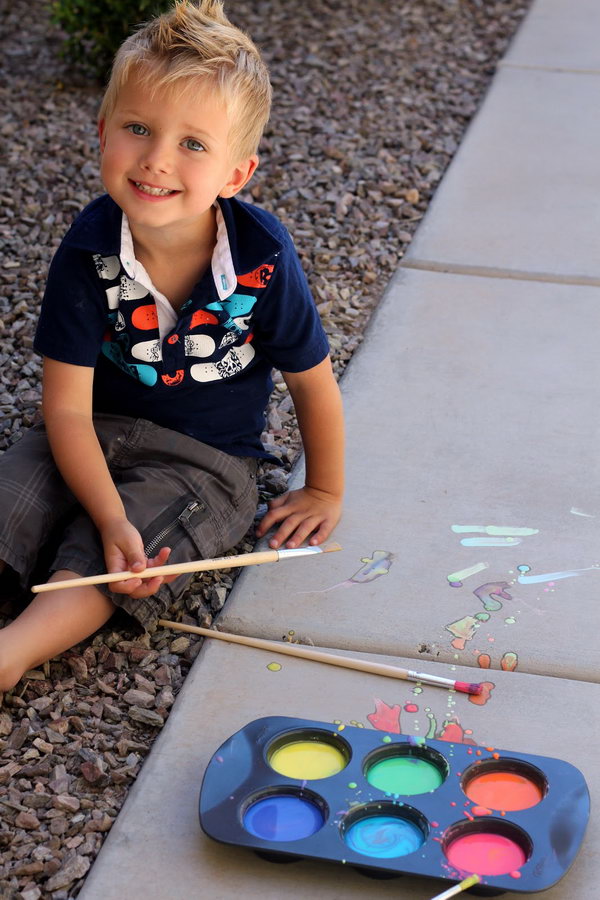 Liquid Sidewalk Chalk. Mix water with cornstarch, add food coloring to make the colors as you like. It's time to use your imagination to create liquid sidewalk chalk art on a hot summer day for fun.