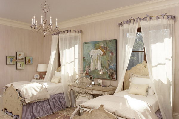 Lavender Princess Bedroom: The pink, lavender and mauve color pallete in this color make a sophisticated and beautiful room. The canopy idea with rods can be used in a room that is not perfectly symmetrical. And other details like the chandelier, the carpet or bed linen are all far beyond brilliant to complete the gorgeous space.