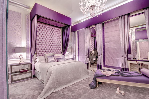 Slight Silvers with Purples Bedroom:I love everything. The hues the decor and designing such as the high tufted bed with the stripe of dark purple near the ceiling and lighter toned purple below,  the tall headboard and walls. This room looks like a room for a young princess.