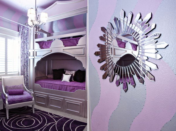  Fairly Vintage Look. This bedroom oozes glamour with its mix of purple hues and reflective materials and surfaces.