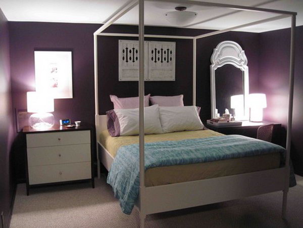 White against Royal Purple: It's so simple but nice. White trim with white furniture balanced the dark feel of the deep purple wall. I especially love the color and the balance on either side of the bed made with the French mirror. 