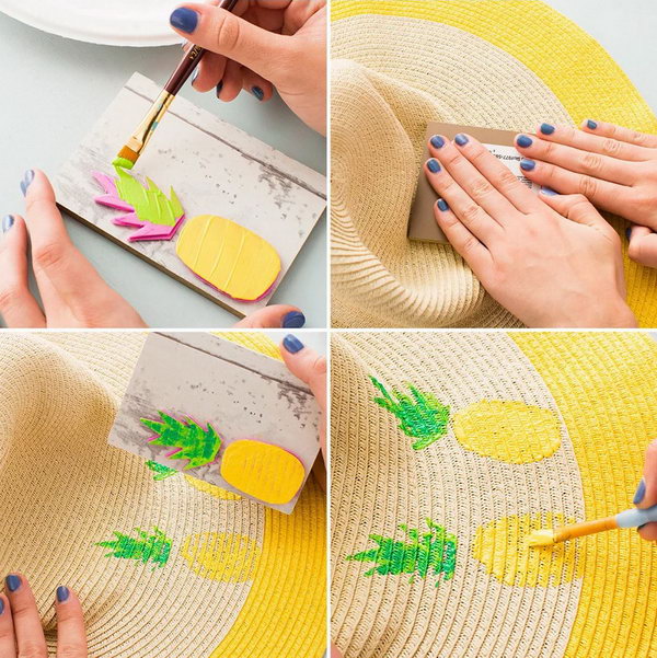 DIY Printed Pineapple Floppy Hat. Super cute sun hat with pineapple print all over. Perfect for the beach! See the how to here.