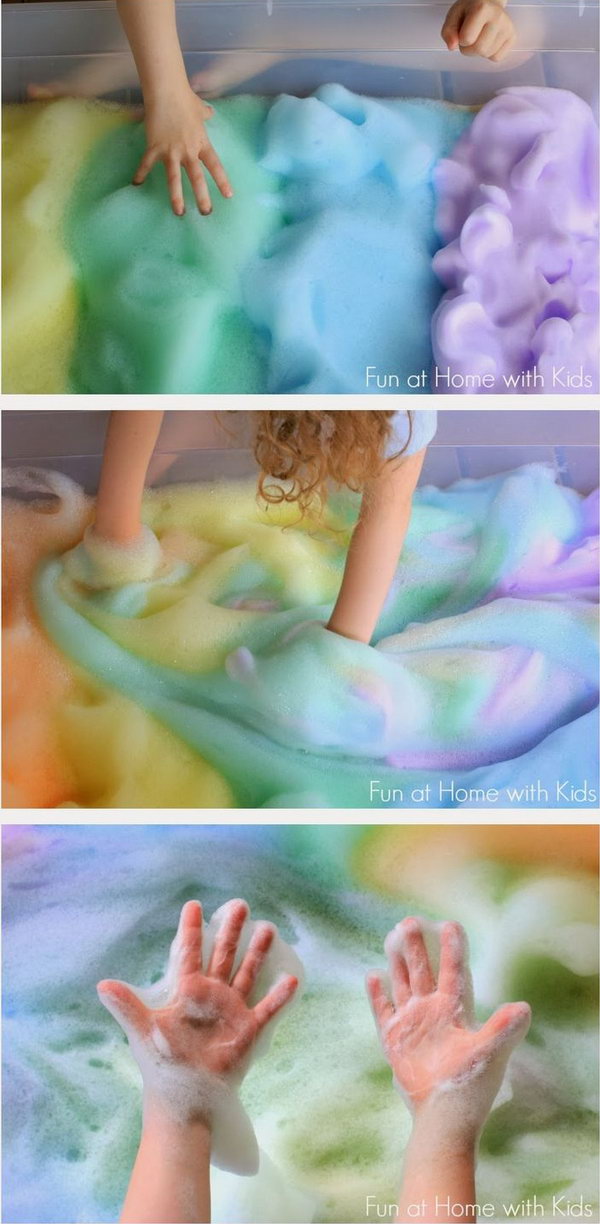  Feel the rainbow.  It just took 10 minutes for the blogger to whip up the huge batch of bubby, puffy, rainbow soap foam fun. 