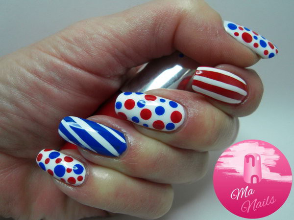 Patriotic Polka Dots and Stipes Nail Art