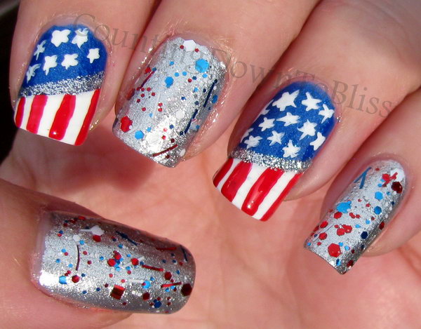 America the Glittery Silver Accented Nail Art