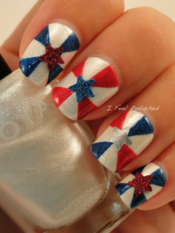 Classic Patterns in Different Style: Start with painting the base plastic beige. Use striping tape to make the nails in a pinwheel type manner. Then add a star to the middle of each nail! See the tutorial here.