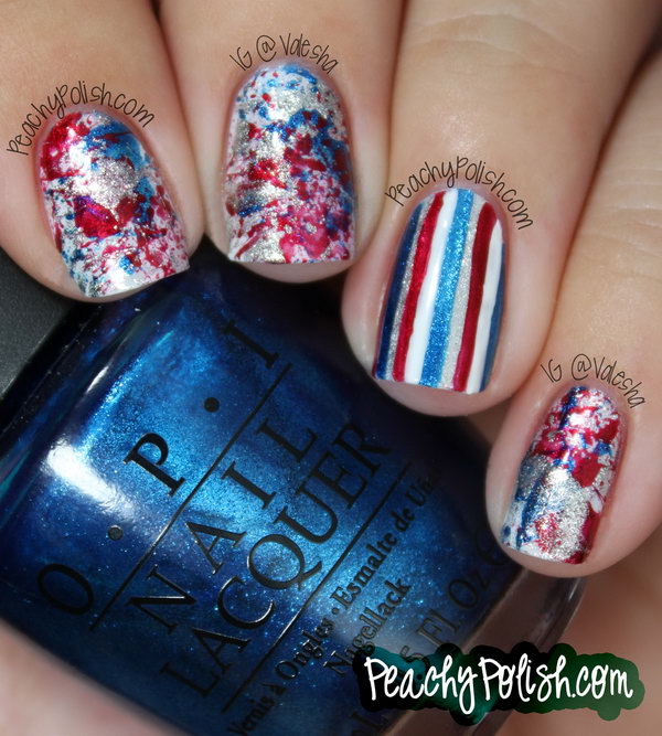 Patriotic Splatter Manicure with a Striped Accent Nail: With the striped accent nail set, you can create a great 4th of July nails look that is just you, but totally shows your pride. And the manicure looks really fancy for the whole summer. See the tutorial here.