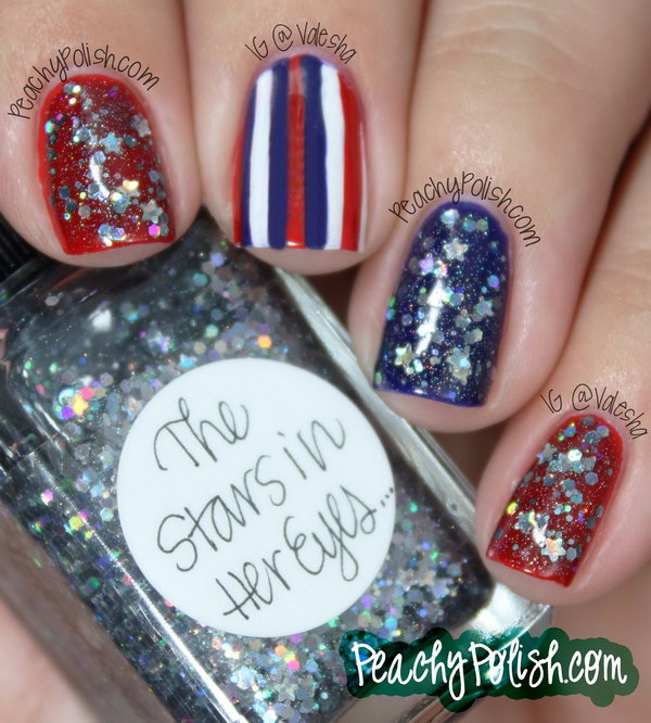 4th of July Glitter with a Striped Accent Nail:  This July 4th Nail is a sparkle and fancy way to rock your country’s colors. Show off your patriotic pride with this striped accent nail. S