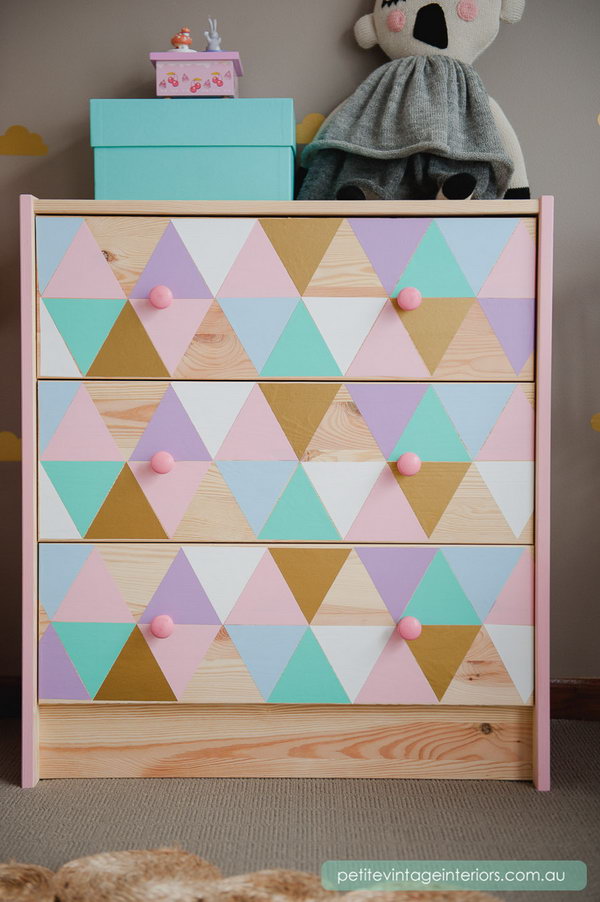 Kid's Bedroom Side Table. You can decorate the simple and boring IKEA RAST dresser with colorful paints for a kid's room. See more