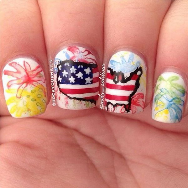 Watercolor Fireworks Mani: Loving this patriotic watercolor fireworks manicure with so many details. See the tutorial 